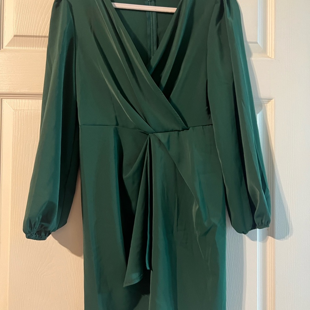 SHEIN Deep Green Long Sleeve Dress with bonus rhinestone ribbon belt